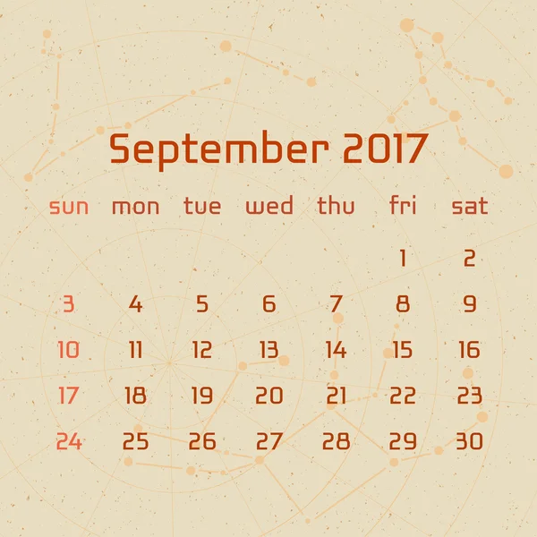 Vektorové kalendář pro 2017 v retro stylu. Kalendář pro měsíc září s obrázkem souhvězdí na béžové pozadí poškrábaný. Prvky pro kreativní design myšlenky kalendáře — Stockový vektor