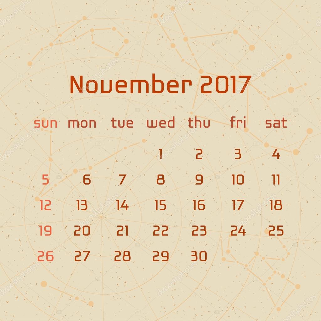 レトロなスタイルで 17 年ベクトルカレンダー ベージュ色の傷背景の星座のイメージと 11 月のカレンダーです あなたのカレンダーの創造的なデザインのアイデアのための要素 ストックベクター C A Y N