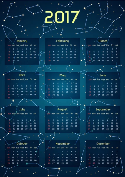 Calendario vettoriale per il 2017 nello stile spaziale. Calendario con l'immagine delle costellazioni nel cielo stellato notturno . — Vettoriale Stock