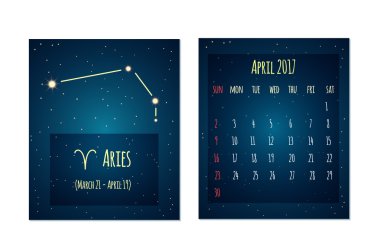 Vector calendar for April 2017 in the space style. Calendar with the image of the Aries constellation in the night starry sky. Elements for creative design ideas of your calendar