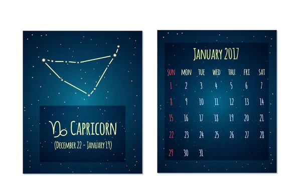 Vector calendar for January 2017 in the space style. Calendar with the image of the Capricorn constellation in the night starry sky. Elements for creative design ideas of your calendar — Stock Vector