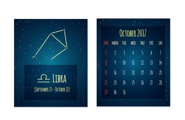 Uzay stilinde Ekim 2017 için vektör takvimi. Gece yıldızlı gökyüzünde Terazi takımyıldızı nın görüntü ile Takvim. Takviminizin yaratıcı tasarım fikirleri için öğeler