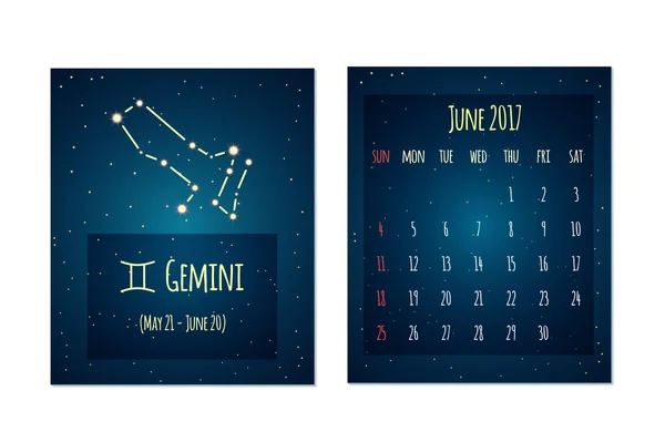 Calendario vectorial para junio de 2017 en el estilo de espacio. Calendario con la imagen de la constelación de Géminis en el cielo estrellado nocturno. Elementos para ideas de diseño creativo de su calendario — Archivo Imágenes Vectoriales