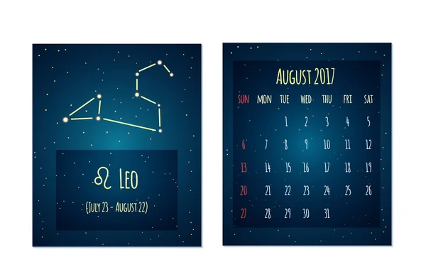 Calendário vetorial para agosto de 2017 no estilo espacial. Calendário com a imagem da constelação de Leão no céu estrelado da noite. Elementos para ideias de design criativo de seu calendário — Vetor de Stock