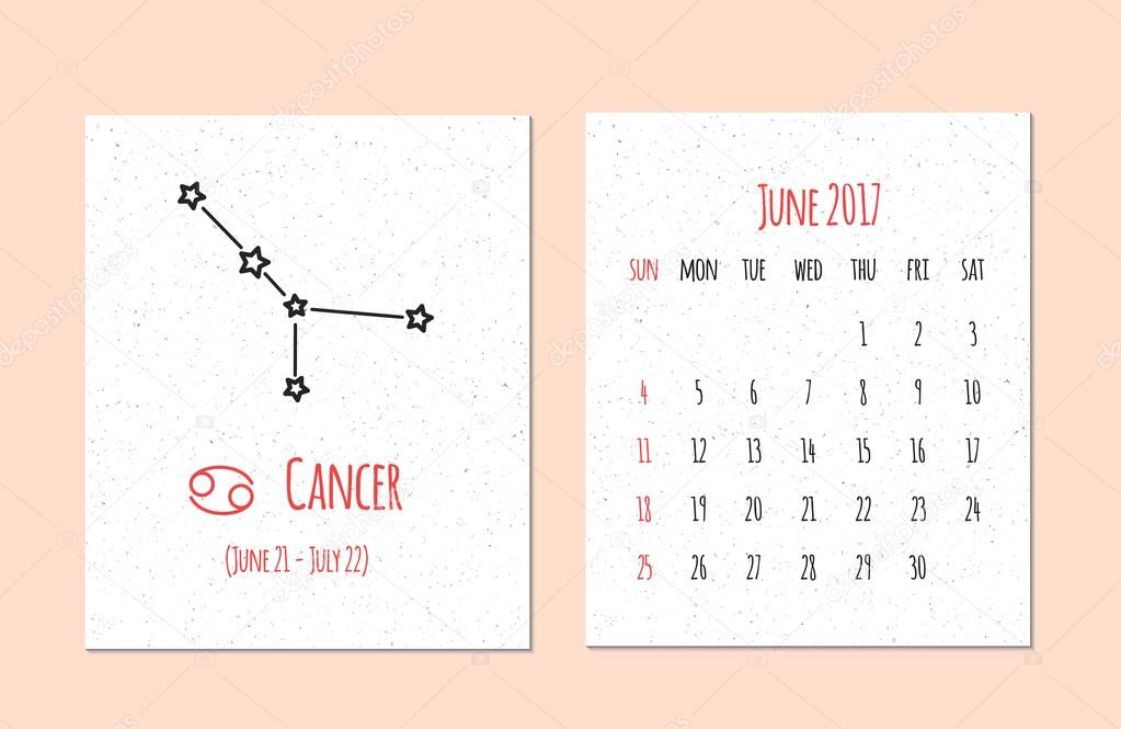 Shipley In detail stem Vector kalender voor 2017 in de Zodiac stijl. Kalender voor de maand juli  met het beeld van de kanker constellatie op beige gekrast achtergrond.  Elementen voorontwerp ideeën van uw agenda vectorafbeelding door ©