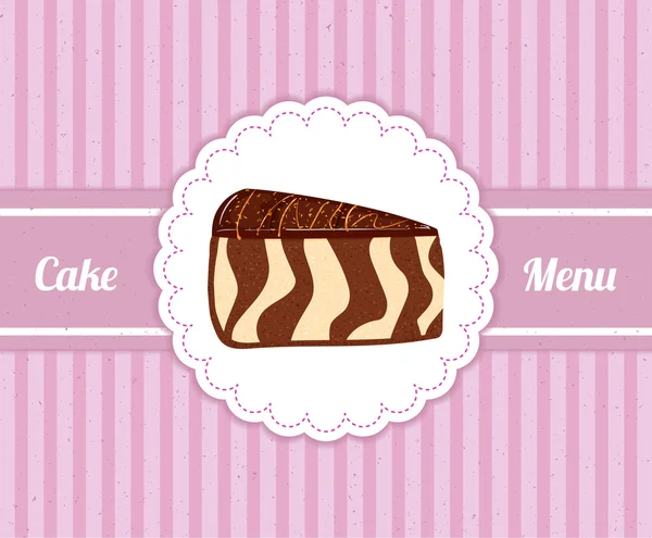 Vector patroon omvatten het toetjes menu voor café met een schijfje van heerlijke zebra cake. Een deel van de koek in een witte cirkel op roze vintage achtergrond. Ideeën voor het ontwerp van taarten menu in retro stijl. — Stockvector