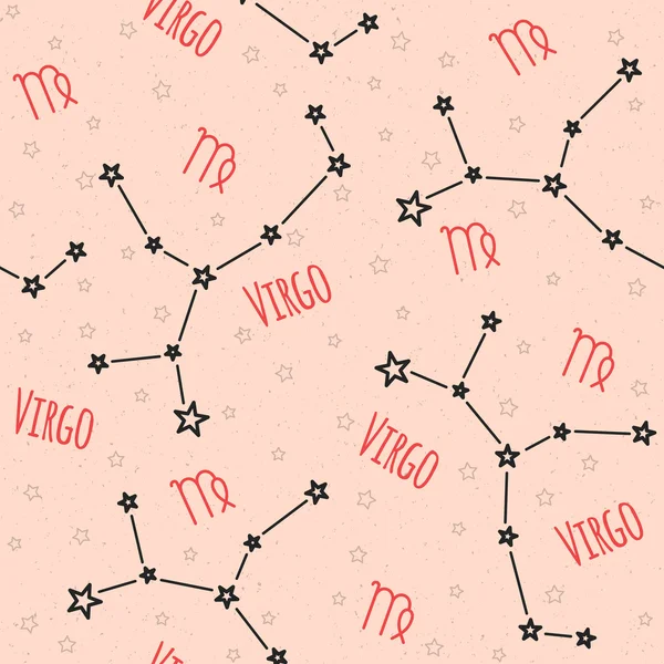 Patrón de vector sin fisuras. Fondo con la imagen de la constelación de Virgo signo del zodíaco sobre un fondo beige arenoso con estrella. Patrón para el embalaje de diseño, folletos de diseño, impresión en textiles — Vector de stock