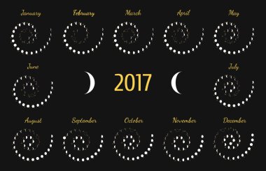 Vektör astrolojik sarmal takvim 2017. Lunye faz takvim koyu gri arka plan üzerine beyaz için. Tasarımınız için yaratıcı ay takvimi fikirler
