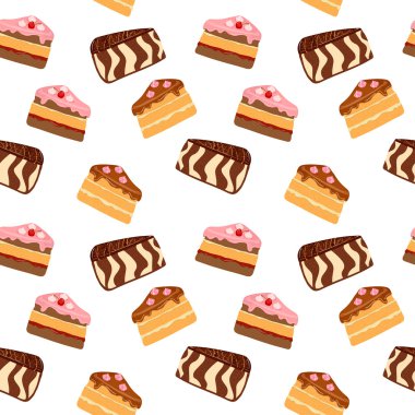 Vektör sorunsuz arka plan beyaz bir arka plan üzerinde kek dilimleri ile. Pandispanya, peynirli kek, pasta zebra desen. İştah açıcı lezzetli şekerleme ambalaj tasarımı ve menü