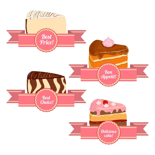 Een verzameling van heerlijke taarten. Vector collectie stukken taart porties. Biscuit cheesecake cherry karamel. Heerlijke taarten met linten voor verkoopbrochures reclame borden zoetwaren — Stockvector