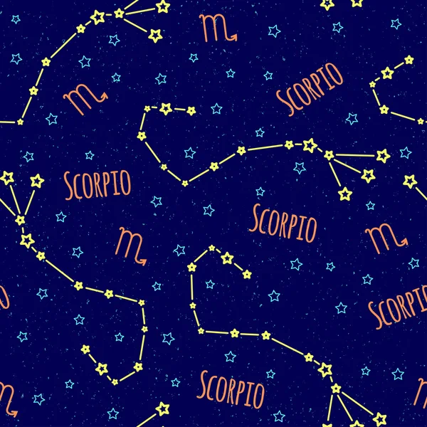 Patrón de vector sin fisuras. Fondo con la imagen del signo del zodíaco del escorpio de la constelación sobre un fondo azul oscuro con estrellas azules. Patrón para el embalaje de diseño, folletos de diseño, impresión en textiles — Archivo Imágenes Vectoriales