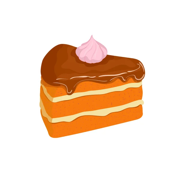 Pedazo de pastel. Porción de pastel de esponja en rodajas vectoriales con capa cremosa, decorada con crema de caramelo Imagen aislada de un delicioso pastel sabroso sobre fondo blanco para el diseño del menú, café, confitería — Vector de stock