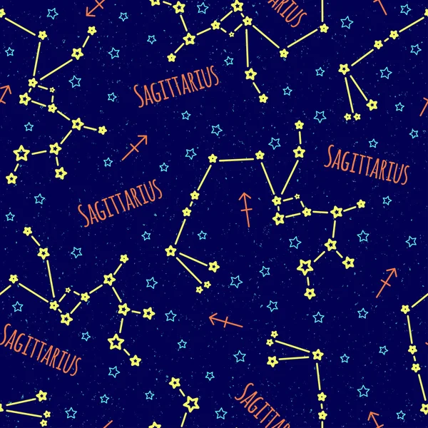 Patrón de vector sin fisuras. Fondo con la imagen de la constelación de Sagitario signo del zodíaco sobre un fondo azul oscuro con estrellas azules. Patrón para el embalaje de diseño, folletos de diseño , — Vector de stock