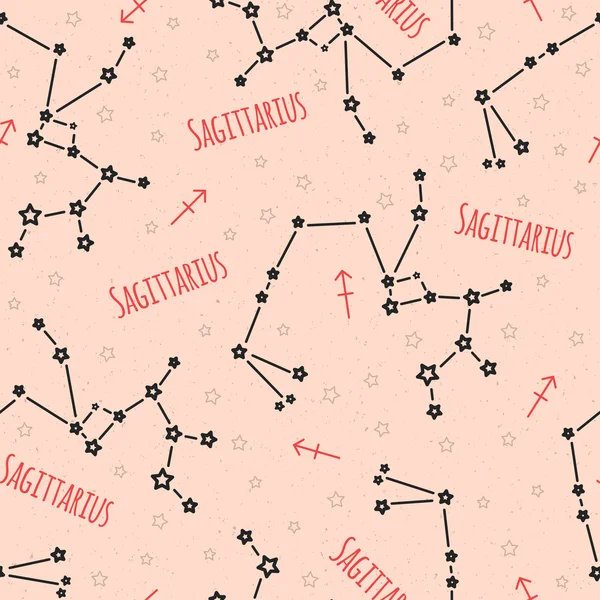 Modello vettoriale senza soluzione di continuità. Sfondo con l'immagine della costellazione Sagittario segno zodiacale su uno sfondo beige sabbioso con stella. Modello per imballaggi di design, opuscoli di design, stampa su tessuti — Vettoriale Stock