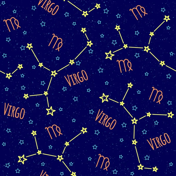 Patrón de vector sin fisuras. Fondo con la imagen de la constelación de Virgo signo del zodíaco sobre un fondo azul oscuro con estrellas azules. Patrón para el embalaje de diseño, folletos de diseño, impresión en textiles — Vector de stock