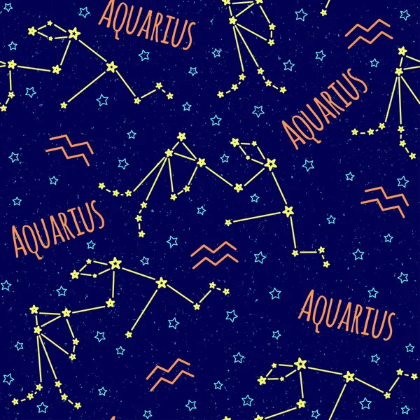 Padrão vetorial sem emenda. Fundo com a imagem da constelação Signo do zodíaco Aquarius sobre um fundo azul escuro com estrelas azuis. Padrão para embalagem de design, brochuras de design, impressão em têxteis — Vetor de Stock