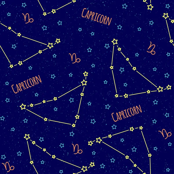 Безшовний векторний малюнок. Фон із зображенням сузір'я Козерога знак зодіаку на темно-синьому тлі з блакитними зірками. Візерунок для дизайнерської упаковки, друк брошур на текстилі — стоковий вектор