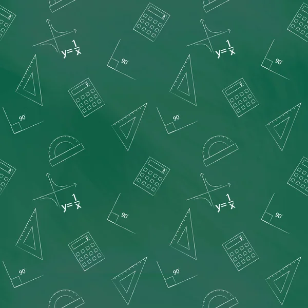 Χωρίς ραφές πίσω στο σχολείο. Διάνυσμα πράσινο μαυροπίνακα γραμμένο με λευκό σχήμα κιμωλία, φόρμουλα, γραμμή, τρίγωνο, αριθμομηχανή, προελκυστήρα και γωνία. Σχεδιαστικά στοιχεία για το σχεδιασμό των σχολικών εγχειριδίων — Διανυσματικό Αρχείο