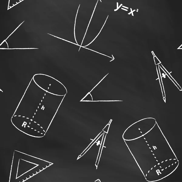 Nahtloser Putter zurück zur Schule. Vektor schwarze Tafel mit weißer Kreide Zeitplan, Formel, Linie, Dreieck, Zylinder, Kompass und Winkel geschrieben. Mathematischer Hintergrund für Design-Tutorials — Stockvektor