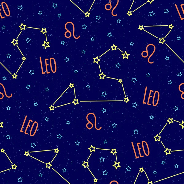 Patrón de vector sin fisuras. Fondo con la imagen de la constelación de Leo signo del zodíaco sobre un fondo azul oscuro con estrellas azules. Patrón para el embalaje de diseño, folletos de diseño, impresión en textiles — Vector de stock