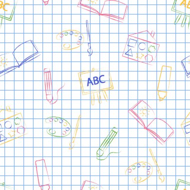 Okula geri sorunsuz desen. Vektör Beyaz levha mavi kare yazı mürekkep El çizilmiş tarzı. Renkler, fırçalar, albüm ve diğer okul öğeleri görüntü ile dikişsiz vektör duvar kağıdı