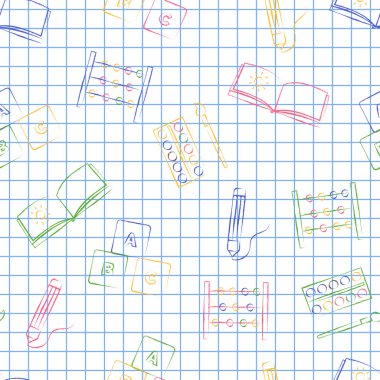 Okula geri sorunsuz desen. Vektör Beyaz levha mavi kare yazı mürekkep El çizilmiş tarzı. Renkler, fırçalar, albüm ve diğer okul öğeleri görüntü ile dikişsiz vektör duvar kağıdı