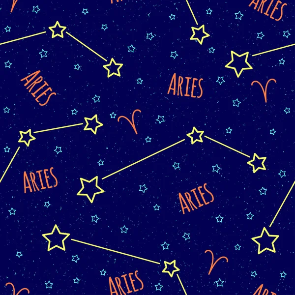 Patrón de vector sin fisuras. Fondo con la imagen de la constelación Signo del zodíaco de Aries sobre un fondo azul oscuro con estrellas azules. Patrón para el embalaje de diseño, folletos de diseño, impresión en textiles — Vector de stock