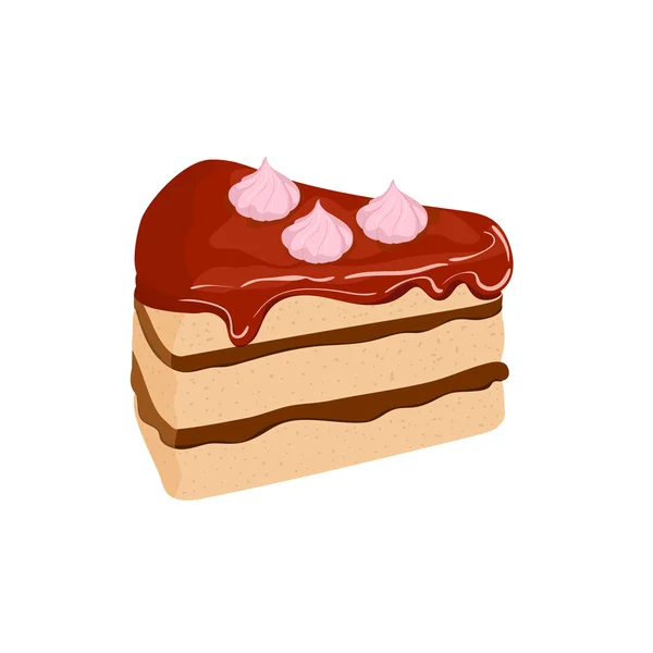 Pedazo de pastel. Porción en rodajas vectoriales de pastel de esponja con capa cremosa de chocolate, decorado con crema de cereza Imagen aislada de un delicioso pastel sabroso sobre fondo blanco para el diseño del menú, café — Vector de stock