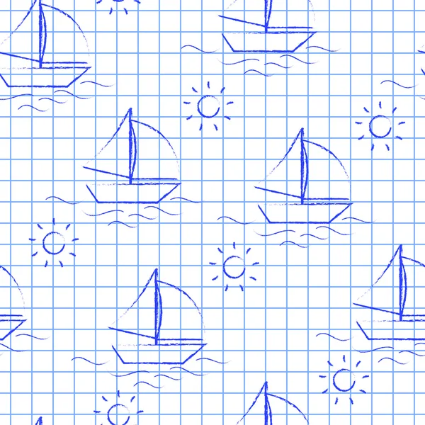 Χωρίς ραφές, πίσω στο σχολείο. Διάνυσμα λευκό φύλλο μπλε τετράγωνο γραφής μελάνι Χειροποίητη στυλ. Απρόσκοπτη διανυσματική ταπετσαρία με την εικόνα του σκάφους, θάλασσα και τον ήλιο — Διανυσματικό Αρχείο