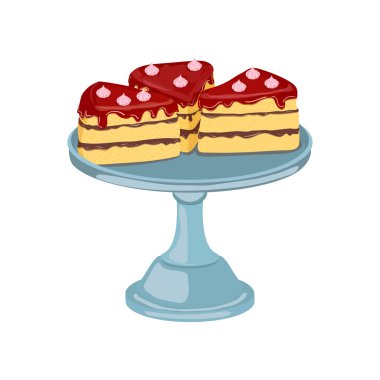 Three pieces of cake. Vector sliced portion of sponge cake with chocolate creamy layer, decorated with cherry cream Isolated image of a delicious tasty cake on white background for menu design, coffee clipart