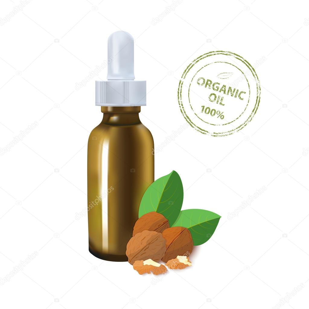 Essential oil package mockup. cosmetic walnut oil with a pipette bottle. The idea of advertising design cosmetics and medicines, brochures about health and skin care products