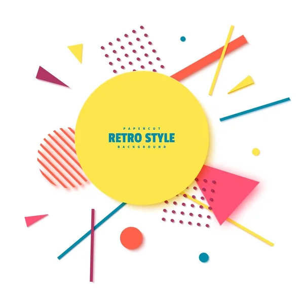 Abstract background with geometric shapes in cut paper art. Memphis style music cover 80s 90s. Creative 3d retro elements with layered circles, triangles lines in papercut style. Vector card. — Stock Vector