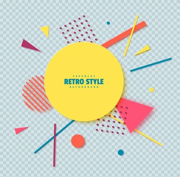 Abstract background with geometric shapes in cut paper art. Memphis style music cover 80s 90s. Creative 3d retro elements with layered circles, triangles lines in papercut style. Vector card. — Stock Vector