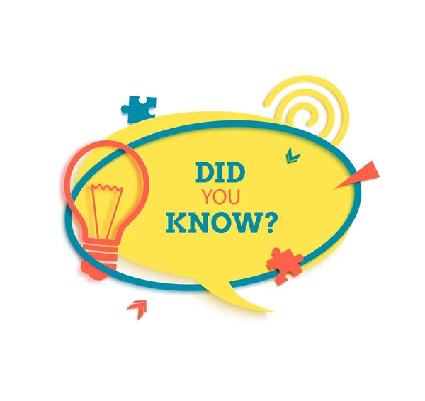 丸みを帯びた音声バブルやメガホンを紙切りで知っていましたか?。クイズはメンフィスのレトロ様式の黄色いステッカーを示す。電球サインとパズルの形をした80年代の90年代のバナー。ベクターカードイラスト — ストックベクタ