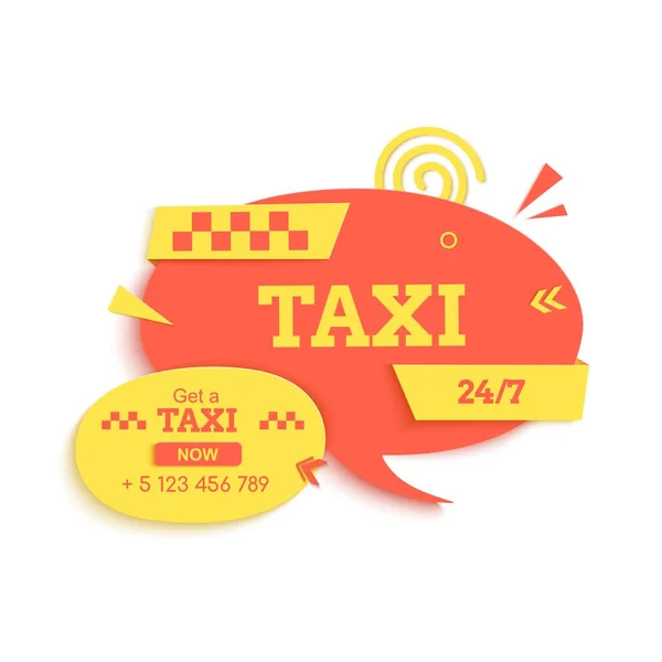 24 7 banner de corte de papel de servicio TAXI. Burbuja de habla en capas con formas geométricas. Plantilla adhesiva redonda amarilla y roja para un diseño de volante de negocio de taxis. Ilustración de tarjeta vectorial. — Archivo Imágenes Vectoriales