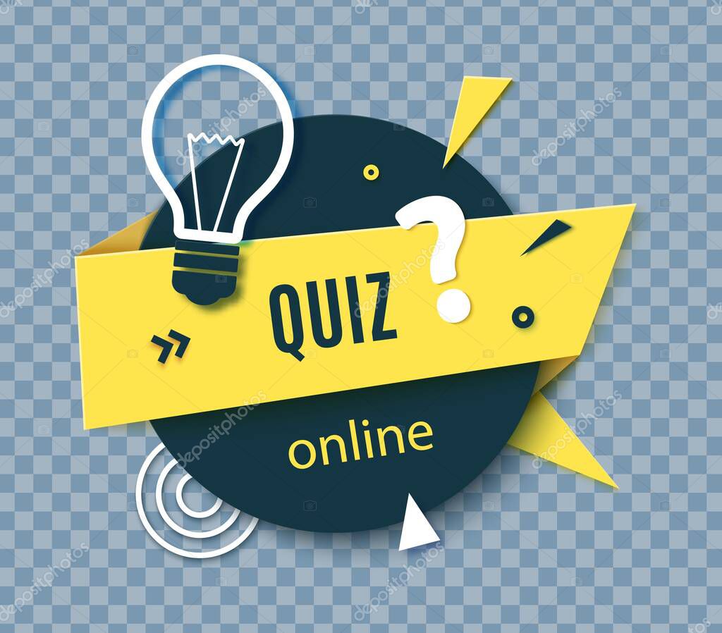 Quiz online label in paper cut style. Layout banner with dark circle and yellow folded strip of cardboard white bulb and question mark. Layered papercut sticker for ad flyer. Vector illustration.