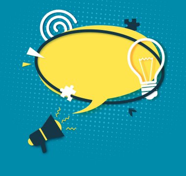 Sarı konuşma balonu ve kağıt kesiği içinde megafon. Memphis tarzı afiş, ampul işareti ve yapboz şeklinde. Terfi metni, fiyat etiketi, satış reklamı için yeri olan yuvarlak etiketleri kes. Vektör illüstrasyonu.