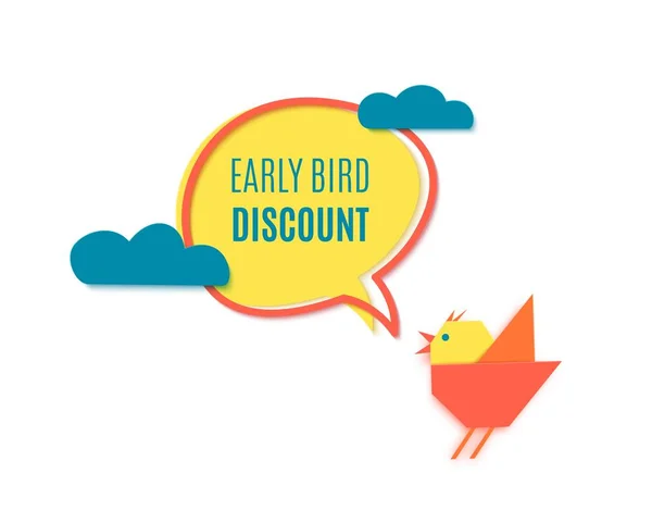 Banner sconto early bird con nuvole in stile taglio carta. Bolla vocale dalle forme geometriche. Speciale sconto vendita banner evento o poster modello con cinguettio uccello carino. Illustrazione piatta vettoriale — Vettoriale Stock