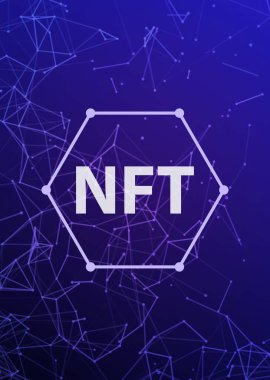 Çokgen soyut arkaplan üzerine NFT finanse edilemez sembol kavramı. Pleksin çizgileri koyu mavi arkaplan üzerinde çokgen şekillerle ve beyaz geri dönüşümsüz simge işaretiyle birbirine bağlanır. Vektör kartı illüstrasyonu.