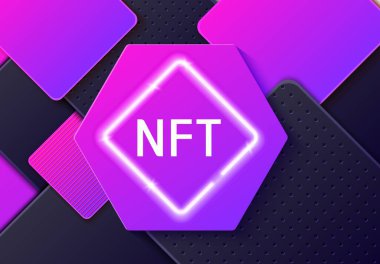 Kağıt kesiği ve soyut arkaplan üzerindeki NFT karşılanamaz sembol konsepti. Kağıt kesiği şeklinde noktaları olan katmanlı siyah ve mor şekiller. Tasarımınız için ödenebilir olmayan fütüristik pankart. Vektör illüstrasyonu