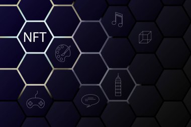 NFT non-fungible token concept on polygonal abstract background. Vector dark banner with hexagon shapes with lights on backdrop and white non fungible token sign. Modern card crypto art concept clipart
