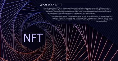 NFT 'nin karşılanamayan spiral hareket çizgileri kavramı soyut arka plan. Twist altıgen gradyan arkaplan ve karşılanamaz işaret tabelalı vektör koyu web pankartı. Modern kripto sanat konsepti
