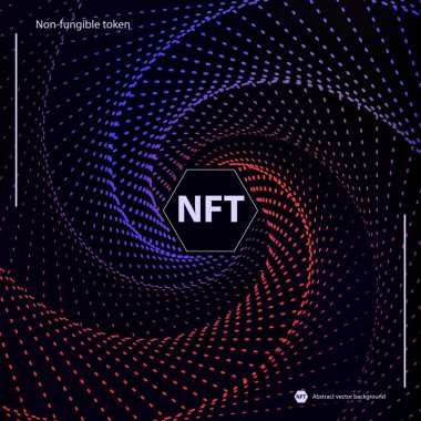 NFT 'nin karşılanamayan spiral hareket konsepti soyut arkaplanı noktalar. Altıgen çizgileri gradyan arkaplan ve karşılanamaz simge işaretli vektör koyu web pankartı. Modern kripto sanat konsepti.