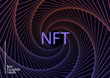 NFT 'nin karşılanamayan spiral hareket çizgileri kavramı soyut arka plan. Twist altıgen gradyan arkaplan ve karşılanamaz işaret tabelalı vektör koyu web pankartı. Modern kripto sanat konsepti.