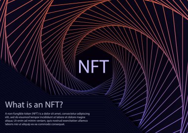 NFT 'nin karşılanamayan spiral hareket çizgileri kavramı soyut arka plan. Twist altıgen gradyan arkaplan ve karşılanamaz işaret tabelalı vektör koyu web pankartı. Modern kripto sanat konsepti
