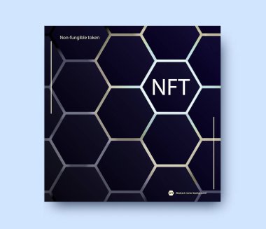 Çokgen soyut arkaplan üzerine NFT finanse edilemez sembol kavramı. Arkaplanda ışıkları olan altıgen şekilli vektör koyu afişi ve karşılanamaz beyaz işaret levhası. Modern kart şifreleme sanatı çizimi