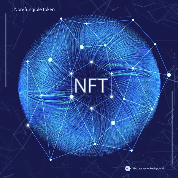 NFT conceito de token não fungível em fundo abstrato poligonal. Plexo conectar linhas com formas poligonais em fundo azul escuro e sinal de token branco não fungível. Ilustração do cartão vetorial. — Vetor de Stock