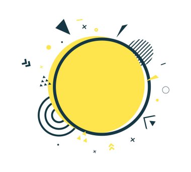 Sarı daire ve siyah çerçeve düz şekilde. Soyut geometrik şekilli Memphis sanat afişi. Promosyon metni, fiyat etiketi, satış reklamı için yeri olan bir etiket. Beyaz arkaplanda vektör kartı.