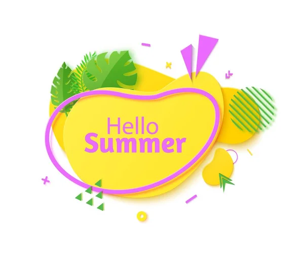 Hello Summer banner in paper cut style. Yellow color gradient abstract layers cut out from cardboard. Memphis art label and summer season tropical leaves and geometric shapes, vector card illustration — Stock Vector