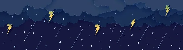 Rain thunder lightning and clouds in the paper cut style. Vector storm weather concept with falling water drops from the cloudy night sky and flash. Storm papercut background horizontal banner. — Stock Vector